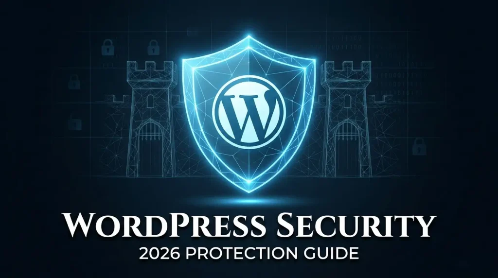 Aptixo agency's featured image for WordPress security guide showing a blue shield with WordPress logo against a secure digital background.